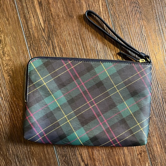 NWOT Talbots wristlet, clutch, pouch. Blue, green, yellow and pink plaid. - Picture 3 of 12